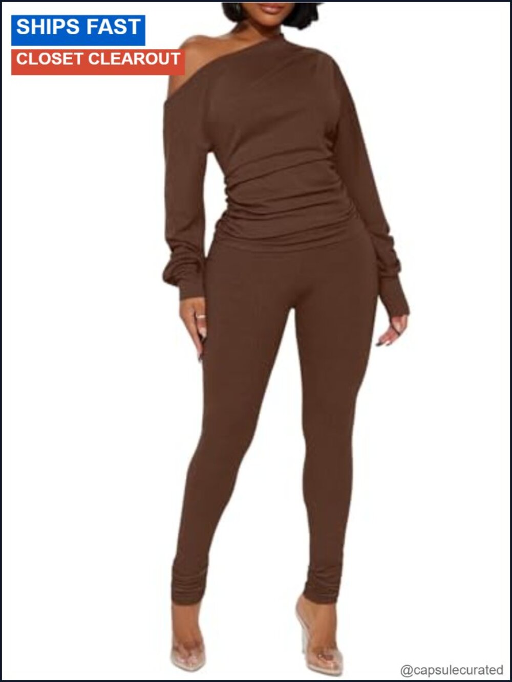 2 Piece Outfit One Off Shoulder Top Ribbed Bodycon Pant Set Women Sexy Clubwear